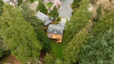 The home is surrounded by nature while still being close to it all.