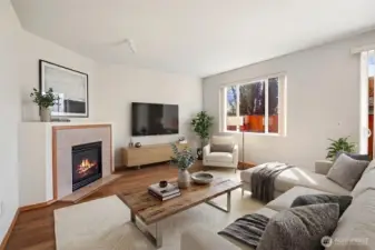 Virtually staged living room with gas fireplace