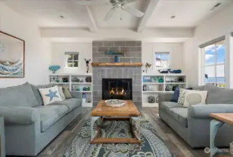 The living room is big enough for lots of guests and still cozy enough to gather around the wood burning fireplace.