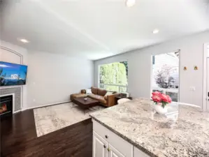 Open floor plan from family room to kitchen with eating area allows for view of playground area and backyard. Lots of natural light!