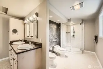 The luxurious primary bathroom features separate areas, a walk-in shower, bidet, and marble terrazzo tile flooring.