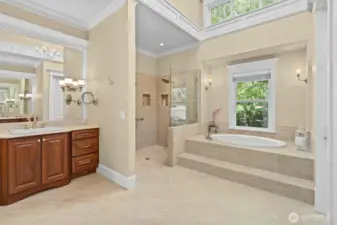 Spacious shower has two shower heads (one handheld) with no threshold and handrails for easy access.