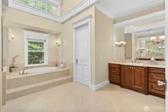 This photo shows one of the two vanities and the door to the water closet.