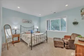 Fifth bedroom on the lower level looking out onto the lake with a 3/4 ensuite bathroom