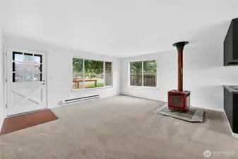 Cozy wood stove that efficiently heats the entire home