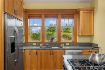 Kitchen sink overlooks the deck and back garden.