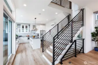 Steel and Oak plank center staircase
