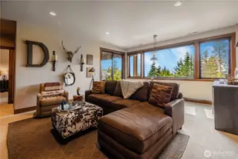 Downstairs family room/rec room with beverage fridge.