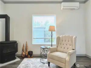 Classic Coastal Living Room with Propane   Burning Stove, wall heaters and Mini-Split   Heat / AC for ultimate comfort