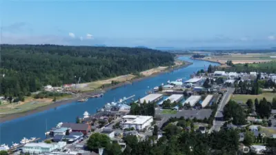 Swinomish Slough looking towards the twin bridges on Hwy 20.