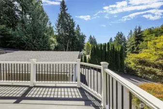 Deck surrounded by mature trees for a peaceful Sammamish retreat.