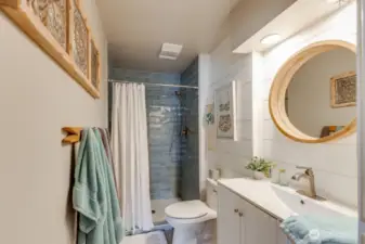 Lower level bath with a large shower