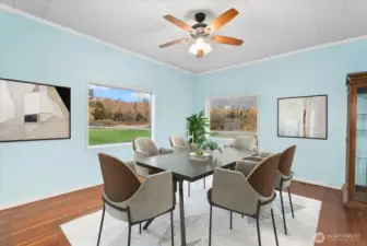 Surrounded by stunning foothill views, enjoy holiday dinners or casual gatherings here, with ample room for a full-sized dining table and buffet. [Photo partially virtually staged.]
