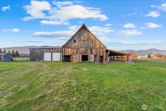 Front view of barn and shop/garage.