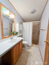 Second bathroom with extended vanity and walk-in shower layout for ease of use