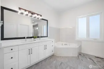 Expansive bathroom off the primary Master.  Dual sinks, soaking tub, toilet room, and walk-in shower.