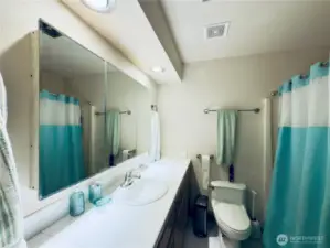 Main bathroom, large vanity, full bathroom with efficient toilet.