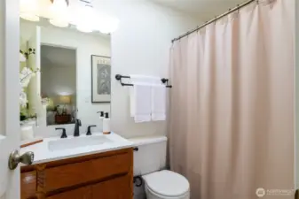 Primary Full Bath with skylight, rich wood cabinetry and quartz counters.