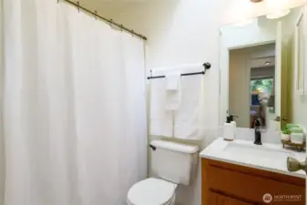 Full Guest bath with skylight, rich wood cabinetry and quartz counters.