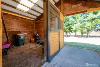 The barn has 2 dedicated stalls and a large tack room.