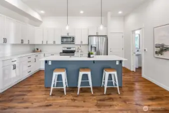 A lot of cabinet space with soft close. Nice quartz counter tops with a large island.