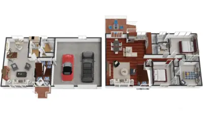 This 3D floor plan view shows how comfortably the home lives, with the main level flowing from the living room through the dining area and kitchen, then out to the deck for easy indoor outdoor living. Three bedrooms and two full baths sit together on the main level, while the lower level adds a spacious family room, a three quarter bath, and a dedicated laundry area, plus direct access to the two car garage.