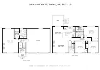 The two level floor plan, with approximate room dimensions, makes it easy to picture furniture placement and day to day flow. The main level includes the living room, dining area, kitchen with nook and pantry, deck access, and all three bedrooms with two full baths. On the lower level, you will find the large family room, three quarter bath, laundry, and an oversized two car garage for parking and storage.