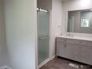 Another Picture of the roomy Primary Master Bathroom Showing All New Cabinet Vanity, Counter Top, 2 Sinks, Faucets, New Walk In Shower, Paint and Vinyl Plank Flooring.