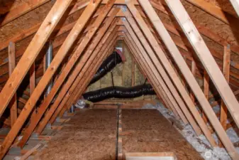 Large additional attic storage space above garage can be finished for additional square footage - office, gym, etc. Prior owners had an exterior staircase and door giving access to this space that could be reinstalled.