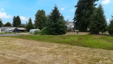 Level land with tall evergreens providing summer shade.