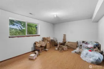 One of the two large bedrooms on the lower level, currently being used as storage space.