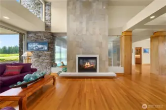 And yet another view of the gorgeous living room with stone accents and stylish detailing.