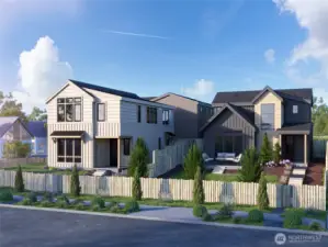 Welcome to Mirra Homes! Exterior rendering showcased. 1-car garage plus a designated parking space — both EV-ready.