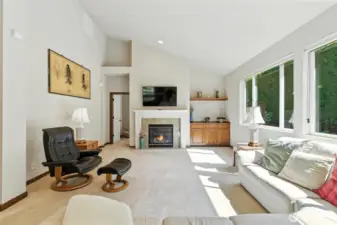 Cozy gas fireplace and built-in storage and display