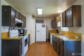 Effiicient kitchen with pantry, facing south.
