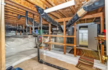 Regular size man-door into  the crawl space. So much storage including a room perfect for extra storage or hobby tinckering.