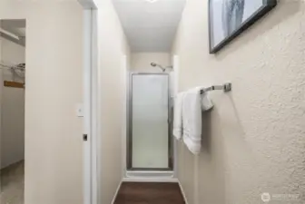 Step-in glass shower located in the primary bathroom.