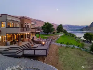 Exterior twilight view 3 of home and outdoor living area overlooking the Columbia River.