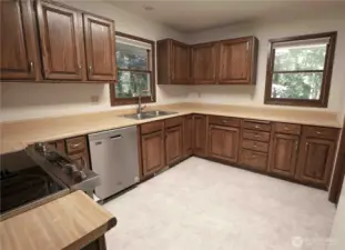 Large kitchen with views to the backyard.