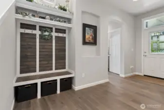 Custom built in bench seating in entry