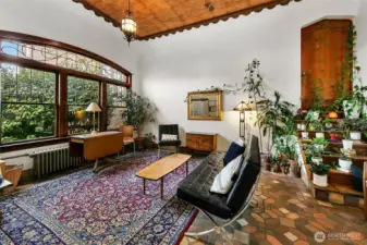 Great lobby is a place to gather; books, plants, games.