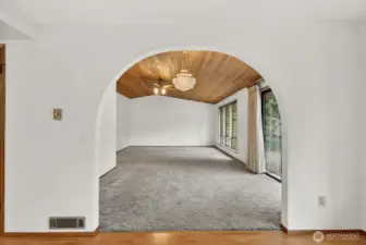 Beautiful clear cedar lined vaulted ceiling in the living/dining room. Large windows for ample natural light.