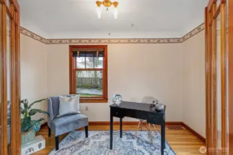Charming office/den off the living room with glass French Doors