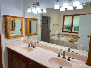 Double vanity sinks, tiled shower, jetted tub and lovely windows.
