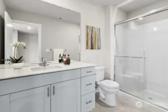 Pictures are for representational purposes only, colors and features may vary. Private bath connected to Primary bedroom features quartz countertops, soft close cabinets, and handle pulls.