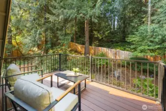 The primary suite’s private balcony is a serene retreat, with no neighboring windows in sight for complete privacy. Overlooking a lush wooded backdrop, it’s the perfect spot to enjoy morning coffee or evening relaxation—often with deer passing through the trees.