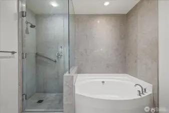 soaking tub and framless glass shower