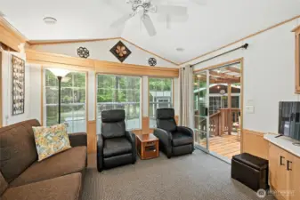 Vaulted ceiling with fan