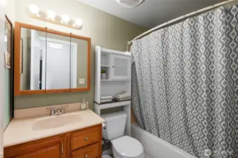 Upstairs bathroom down hallway from dinning and living room.