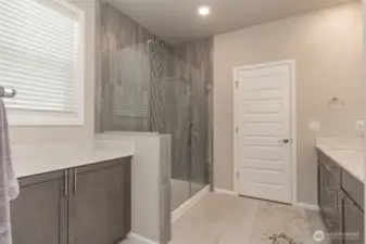Large walk-in shower and storage area with counter on left